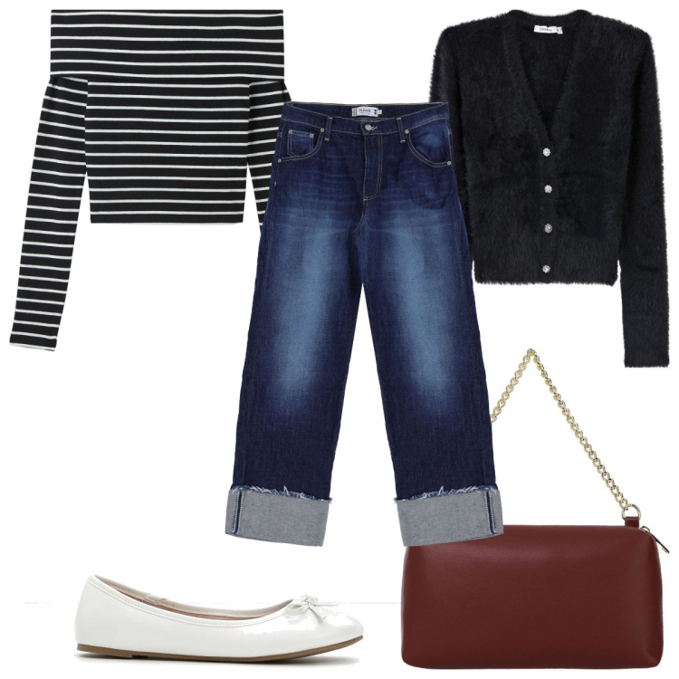 Outfit donna - Total look #2067647. Stile Trendy per Tutti i giorni. Abbinamento con ballerine, t-shirt, cardigans, jeans, borse a tracolla.