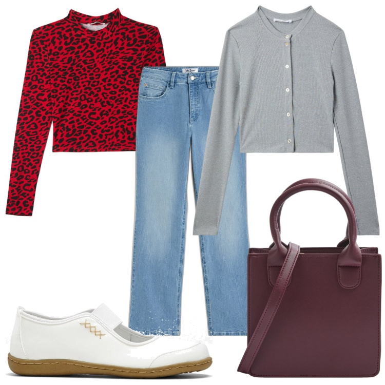Outfit donna - Total look #2067648. Stile Trendy per Tutti i giorni. Abbinamento con ballerine, jeans, t-shirt, shopping bag, cardigans.