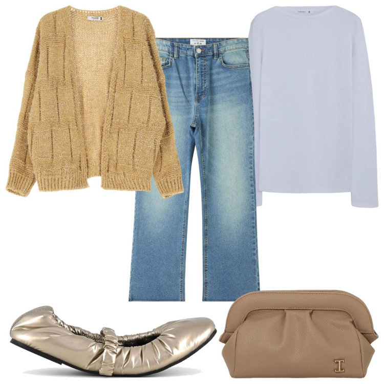 Outfit donna - Total look #2067649. Stile Trendy per Tutti i giorni. Abbinamento con cardigans, jeans, t-shirt, borse a mano, ballerine.