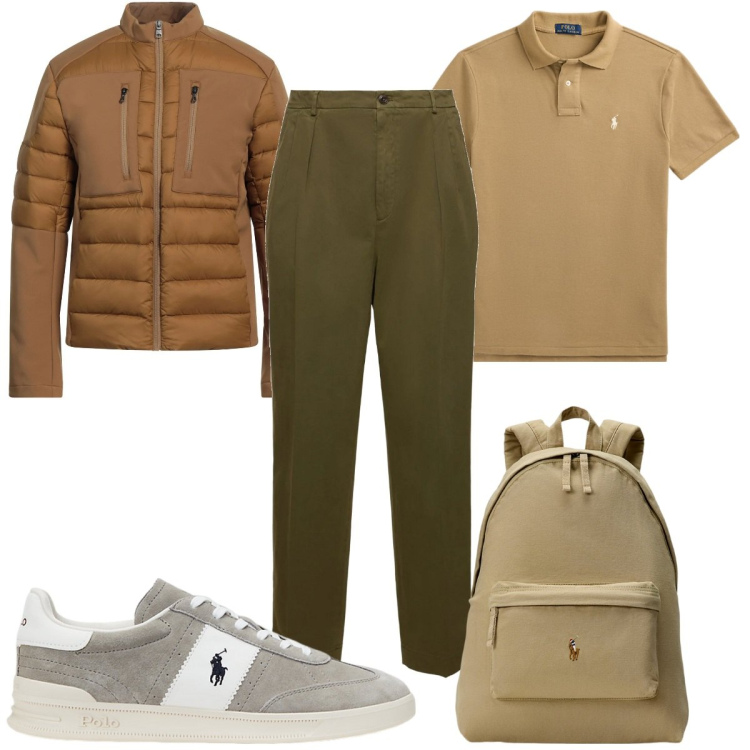 Outfit uomo - Total look #2067654. Stile Casual per Tutti i giorni. Abbinamento con piumini, polo, borse sportive, sneakers, pantaloni.