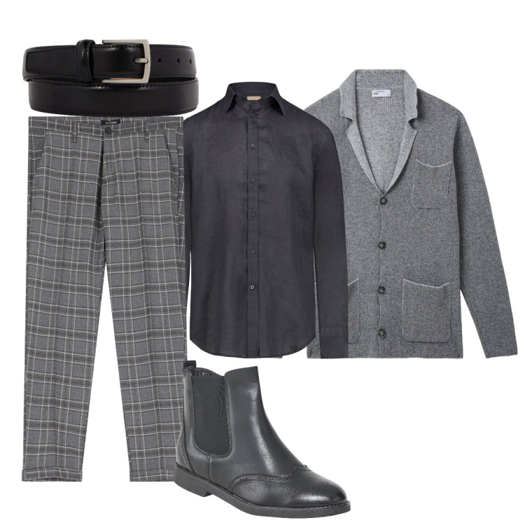 Outfit uomo - Stiloso in grigio. Stile Trendy per Ufficio. Abbinamento con stivali e stivaletti, giacche, pantaloni, camicie, cinture.