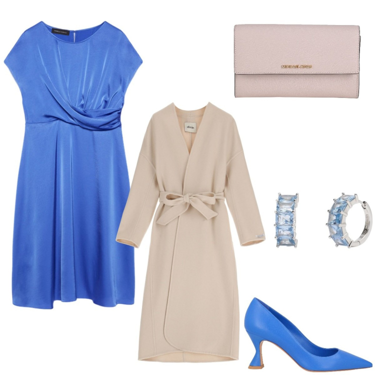 Outfit donna - A spasso in blu. Stile Chic per Tutti i giorni. Abbinamento con décolleté, borse a mano, orecchini, cappotti, vestiti midi/longuette.