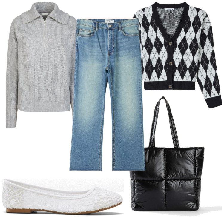 Outfit donna - Total look #2067663. Stile Trendy per Tutti i giorni. Abbinamento con ballerine, shopping bag, cardigans, jeans, polo.