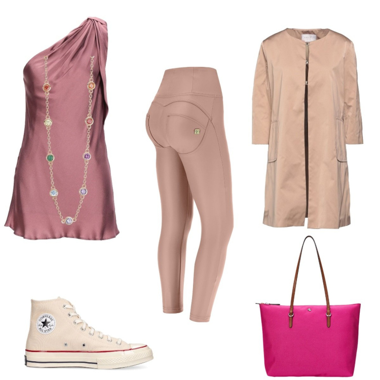 Outfit donna - Soft & cool. Stile Casual chic per Tutti i giorni. Abbinamento con top, trench, collane, pantaloni skinny, borse tote, sneakers.