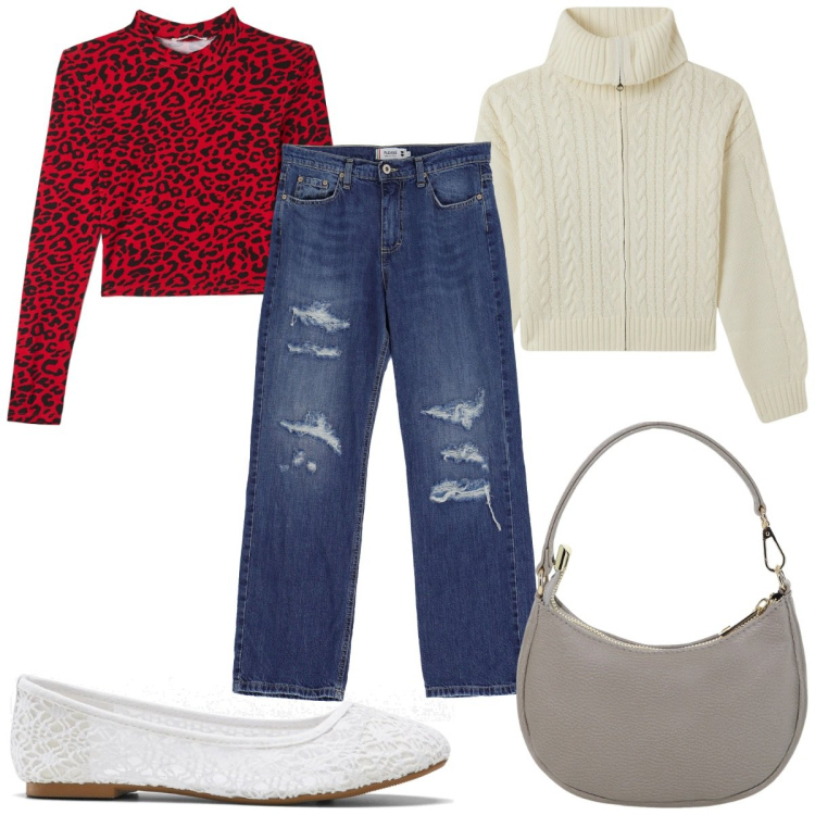 Outfit donna - Total look #2067667. Stile Trendy per Tutti i giorni. Abbinamento con ballerine, t-shirt, cardigans, jeans strappati, borse a spalla.