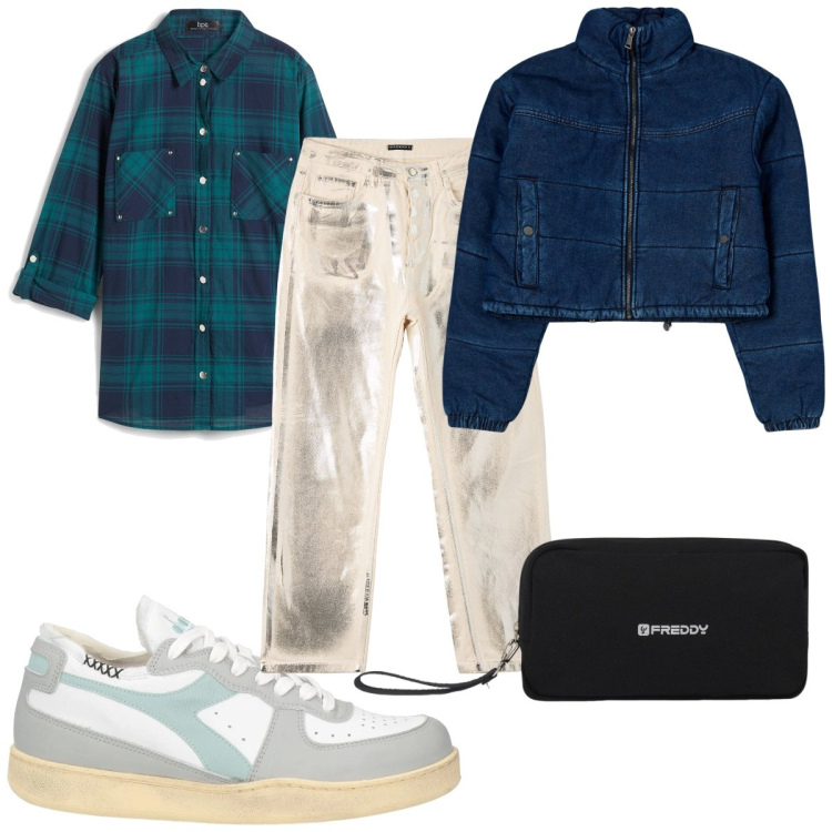 Outfit donna - Total look #2067672. Stile Trendy per Tutti i giorni. Abbinamento con camicie, sneakers, jeans, blazer, valigie.