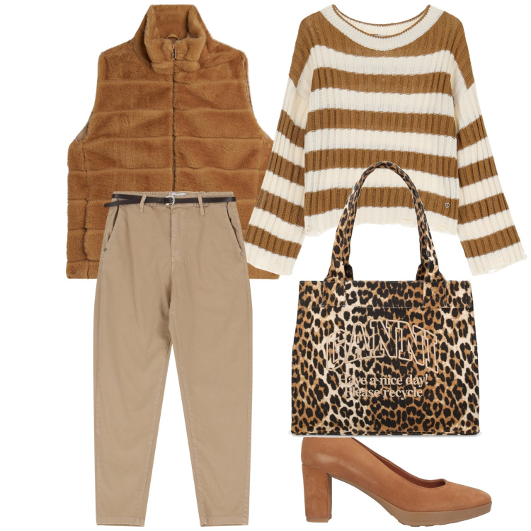 Outfit donna - Aperitivo pre pranzo. Stile Trendy per Tutti i giorni. Abbinamento con décolleté, pantaloni chino, maglieria, gilet, shopping bag.