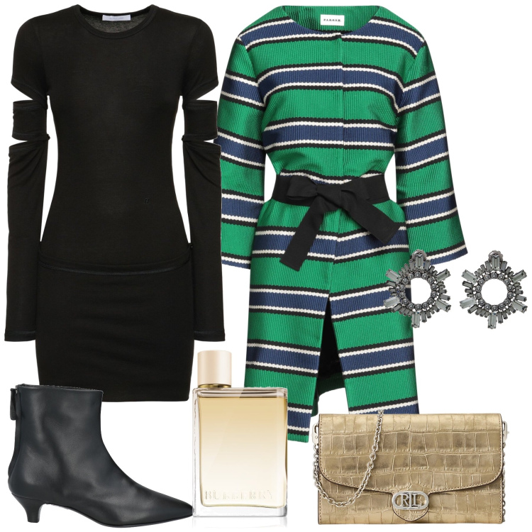Outfit donna - Invitata a pranzo. Stile Chic per Tutti i giorni. Abbinamento con trench, orecchini, stivaletti, profumi, borse a tracolla, vestiti midi/longuette.
