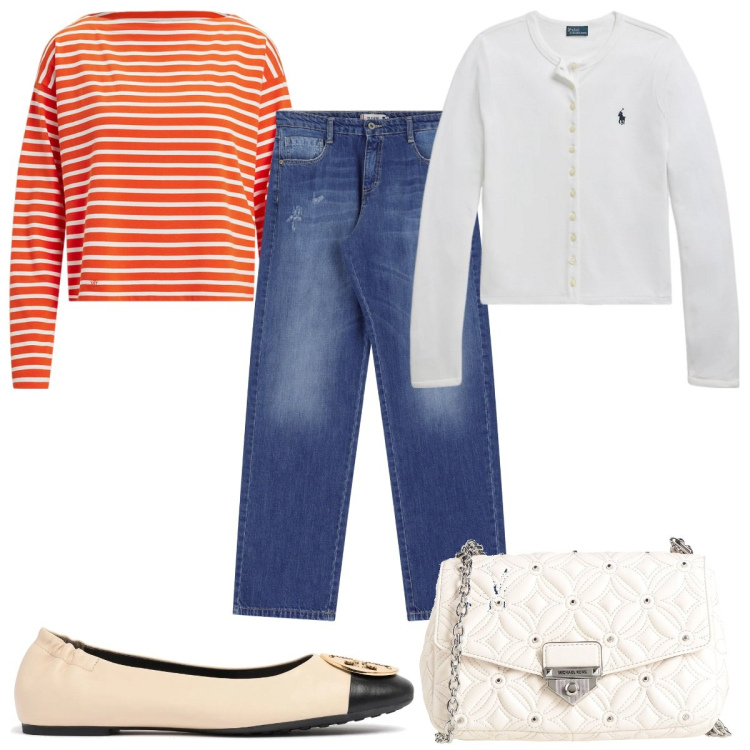 Outfit donna - Total look #2067678. Stile Trendy per Tutti i giorni. Abbinamento con borse a tracolla, jeans dritti, cardigans, t-shirt, ballerine.