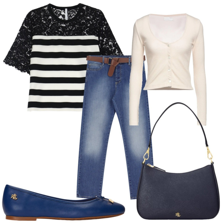Outfit donna - Total look #2067685. Stile Trendy per Tutti i giorni. Abbinamento con cardigans, t-shirt, jeans dritti, ballerine, borse a spalla.