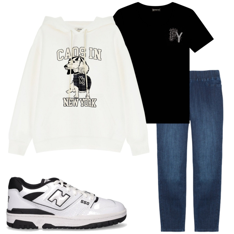 Outfit donna - Tempo libero. Stile Casual per Tutti i giorni. Abbinamento con t-shirt, felpe con cappuccio, jeggings, sneakers.