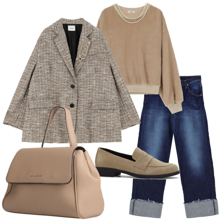 Outfit donna - In città. Stile Casual chic per Ufficio. Abbinamento con mocassini, zaini, jeans, blazer, felpe.