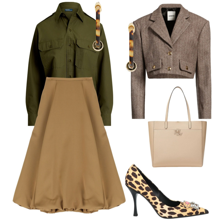 Outfit donna - Sabato mattina. per Tutti i giorni. Abbinamento con blazer, décolleté, gonne longuette, camicie, orecchini, borse tote.