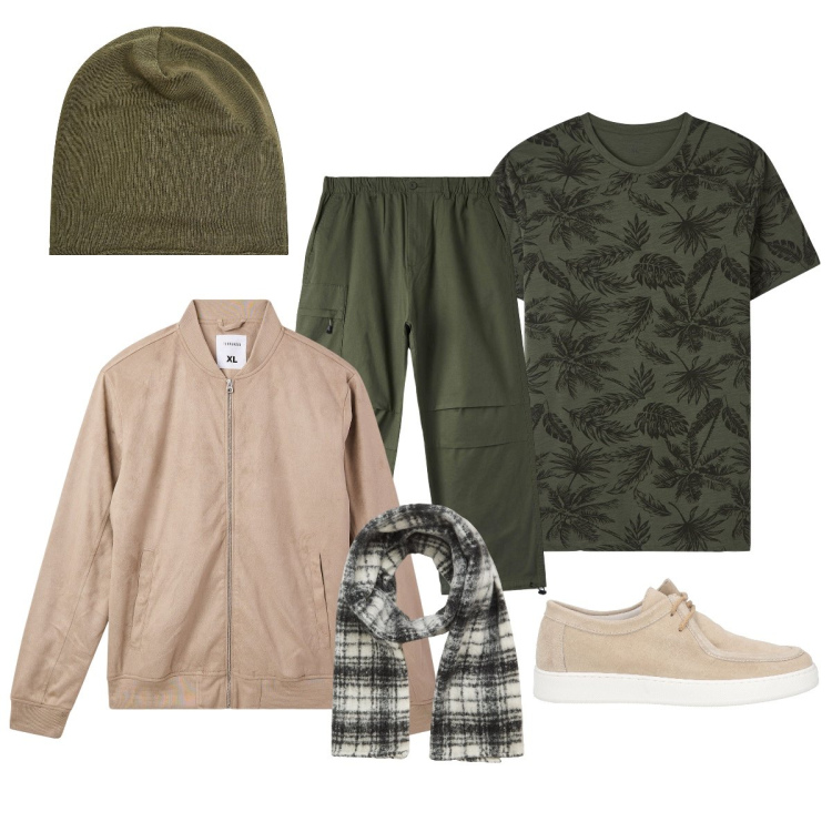 Outfit uomo - Total look #2067719. Stile Casual per Tutti i giorni. Abbinamento con scarpe stringate, bomber, t-shirt, pantaloni, sciarpe, berretti.