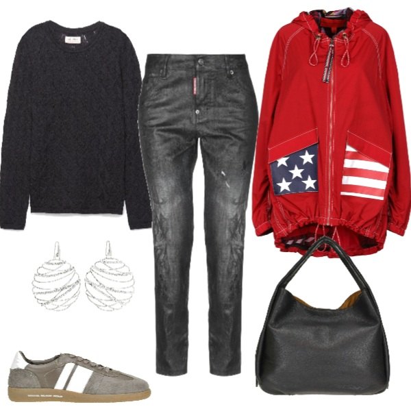 Outfit donna - Alternative Red. Abbinamento con soprabito con cappuccio a maniche lunghe con zip interno foderato in tessuto tecnico tinta unita, jeans delavé tinta unita, pochette con stampa in pelle martellata doppio manico, maglia con pizzo girocollo a maniche lunghe, sneakers made italy effetto scamosciato con lacci e punta tonda, orecchini glitter in ottone rodiato.