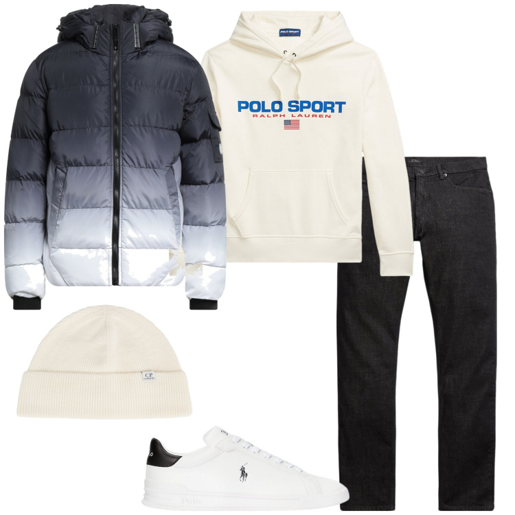 Outfit uomo - Young. Stile Casual per Tutti i giorni. Abbinamento con piumini, cappelli, sneakers, jeans, felpe con cappuccio.
