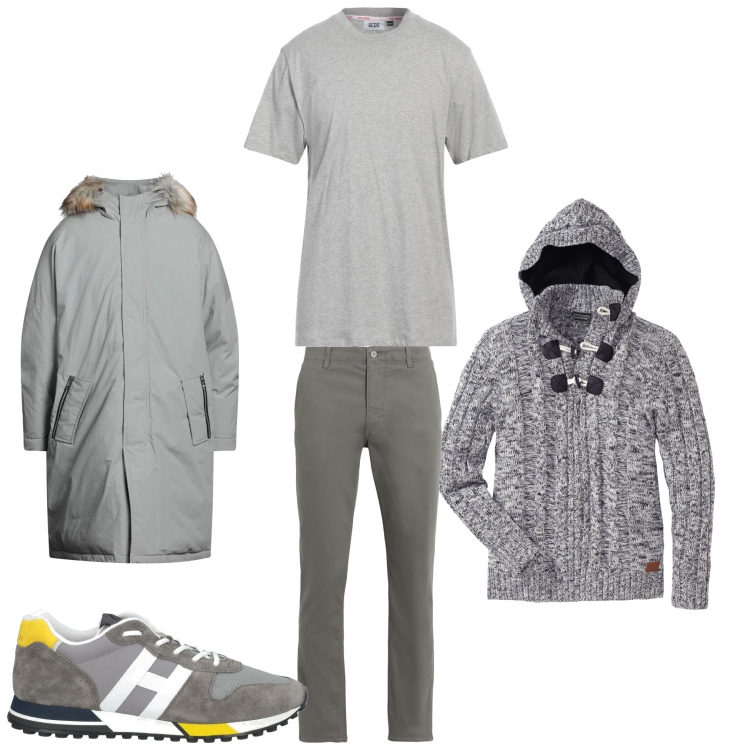 Outfit uomo - Grigio e sneakers. Stile Casual per Tutti i giorni. Abbinamento con maglieria, piumini, sneakers, t-shirt, pantaloni.
