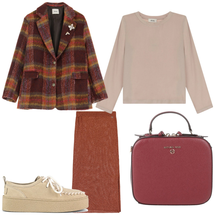 Outfit donna - Un inverno infinito. Stile Casual chic per Tutti i giorni. Abbinamento con borse a mano, gonne longuette, maglieria, blazer, mocassini.