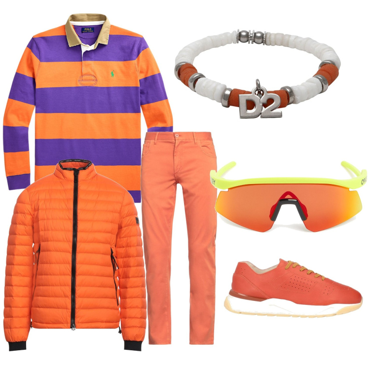 Outfit uomo - Visibilità mode on. Stile Trendy per Tutti i giorni. Abbinamento con maglieria, braccialetti, sneakers, pantaloni, piumini, occhiali da sole.