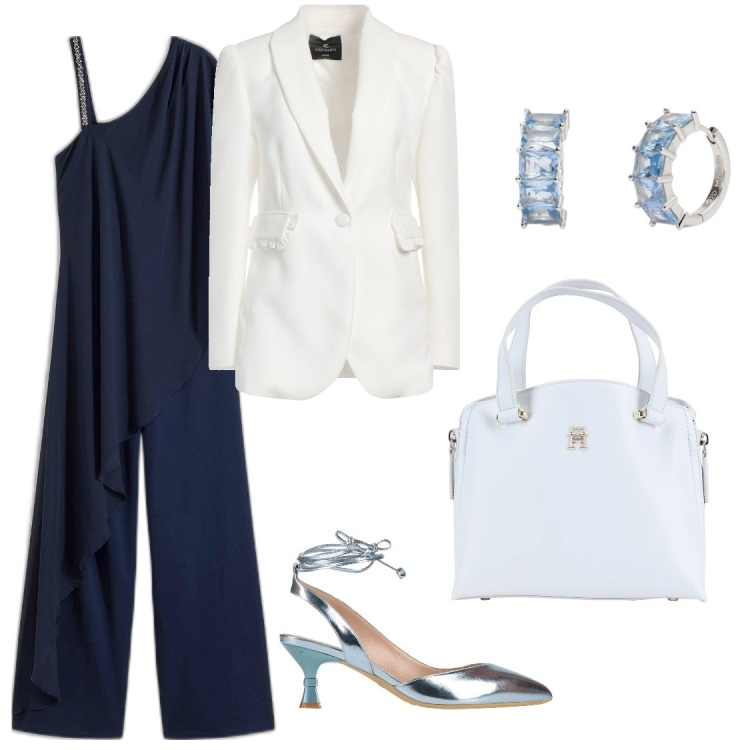 Outfit donna - La tuta monospalla. Stile Bon Ton per Serata fuori. Abbinamento con tute, décolleté, blazer, borse a mano, orecchini.