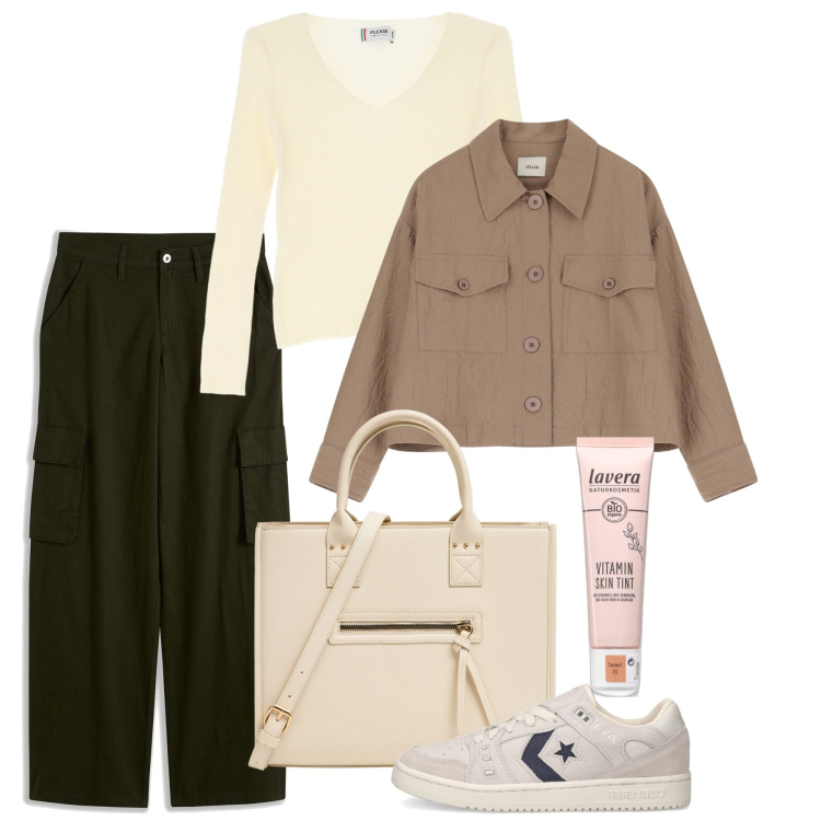 Outfit donna - Fine inverno. Stile Casual per Tutti i giorni. Abbinamento con pantaloni cargo, fondotinta, shopping bag, maglieria, blazer, sneakers.