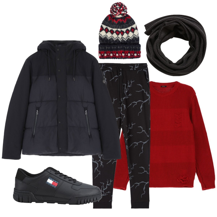 Outfit uomo - In montagna. Stile Casual per Tutti i giorni. Abbinamento con sneakers, pantaloni, sciarpe, piumini, maglieria, berretti.