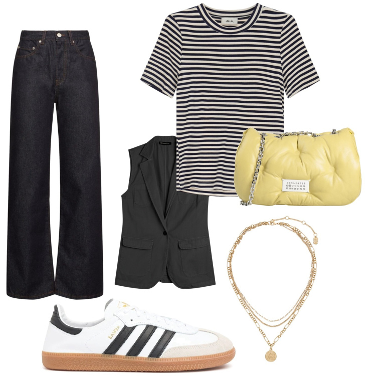 Outfit donna - black and White with a touch of color. Stile Minimal per Ufficio. Abbinamento con borse a tracolla, gilet, t-shirt, ciondoli, jeans dritti, sneakers.