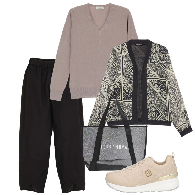 Outfit donna - Il sabato spesa. Stile Basic per Tutti i giorni. Abbinamento con pantaloni, sneakers, shopping bag, maglieria, blazer.