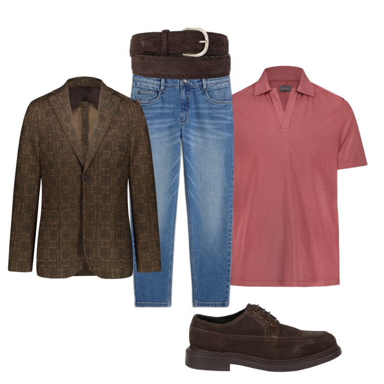 Outfit uomo - Total look #2067788. Stile Trendy per Ufficio. Abbinamento con jeans, giacche, polo, cinture, scarpe stringate.