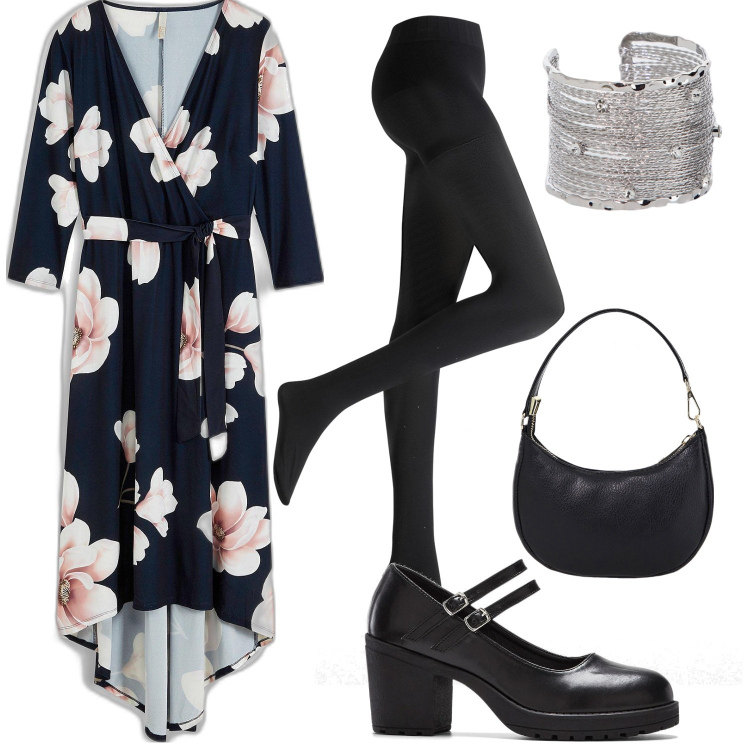 Outfit donna - Tutti i giorni. Stile Trendy per Ufficio. Abbinamento con vestiti lunghi, collant, décolleté, braccialetti, borse a spalla.