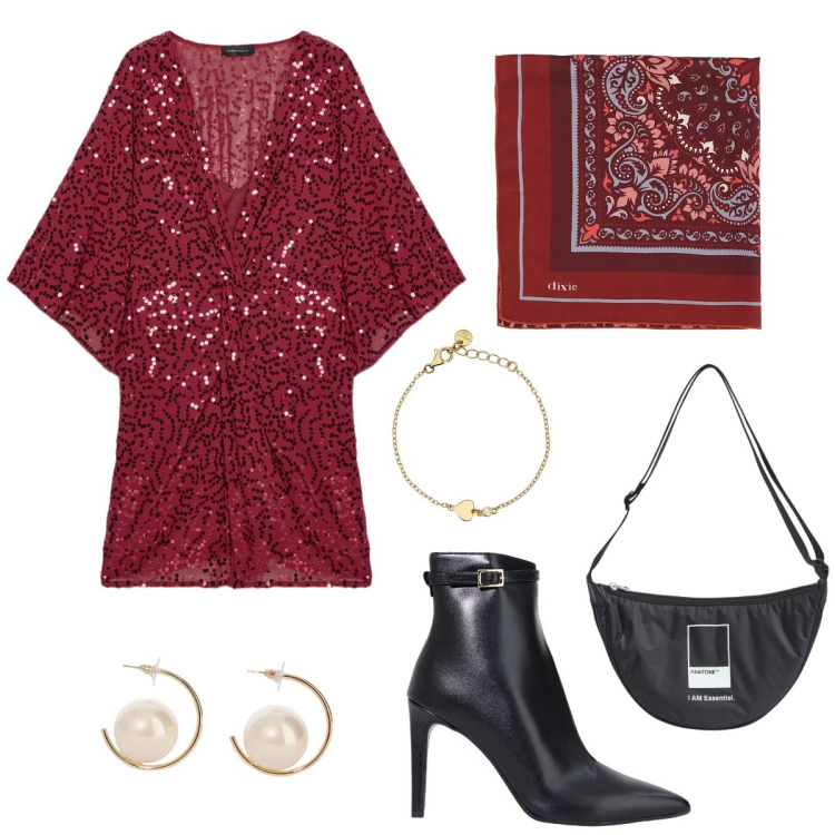 Outfit donna - Shining Night. Stile Glamour per Serata fuori. Abbinamento con marsupi, braccialetti, stivaletti, orecchini, foulard, vestiti.