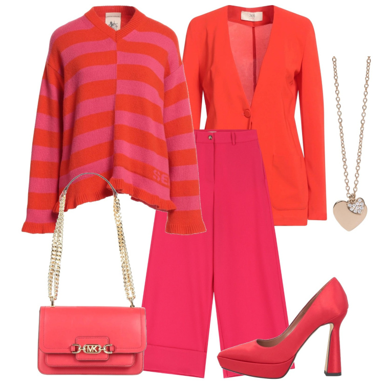 Outfit donna - Colore preferito. Stile Casual chic per Serata fuori. Abbinamento con pullovers, décolleté, borse a spalla, blazer, ciondoli, pantaloni a palazzo.