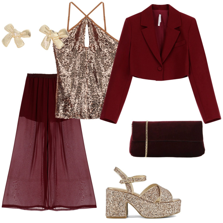 Outfit donna - Cerimonia estiva. per Cerimonia. Abbinamento con pantaloni a palazzo, top, blazer, pochette, orecchini, sandali.