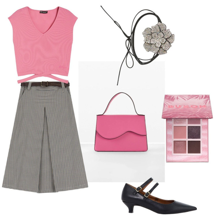 Outfit donna - Glam and chic. Stile Chic per Tutti i giorni. Abbinamento con borse a tracolla, ombretti, collane, décolleté, t-shirt, gonne.