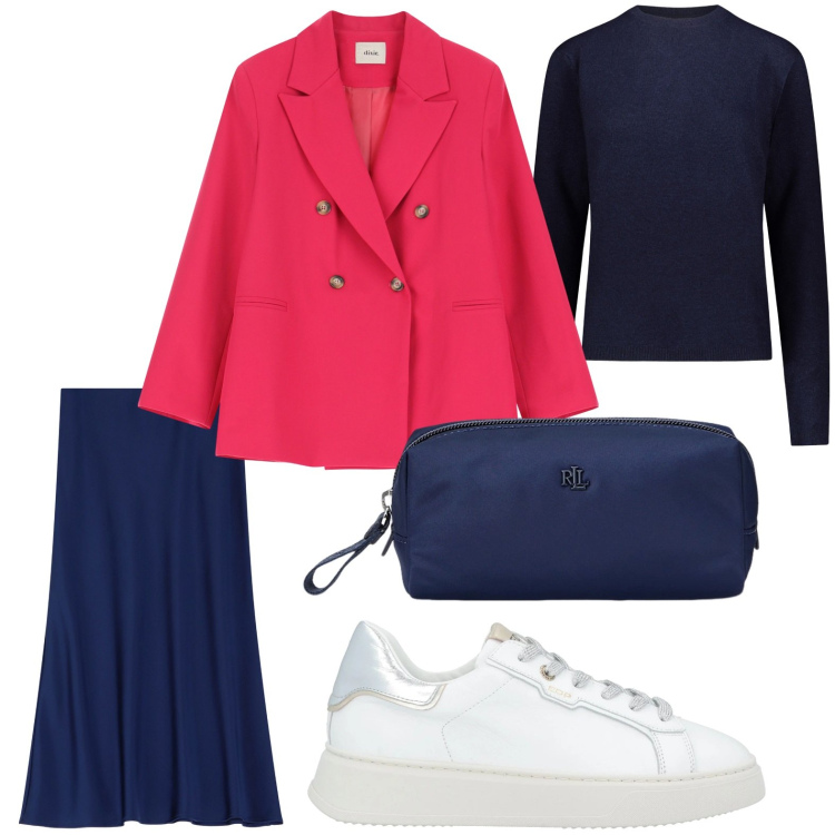 Outfit donna - Blazer rosso da brivido. Stile Glamour per Ufficio. Abbinamento con sneakers, gonne longuette, blazer, pochette, maglieria.