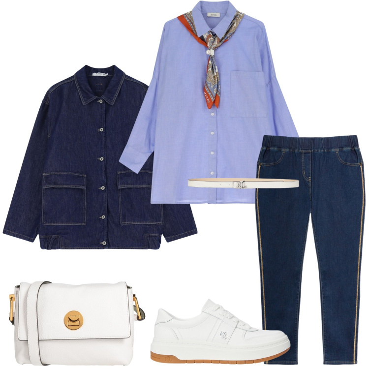 Outfit donna - Serata casual. Stile Casual per Serata fuori. Abbinamento con borse a tracolla, blazer, camicie, sneakers, cinture, jeggings.