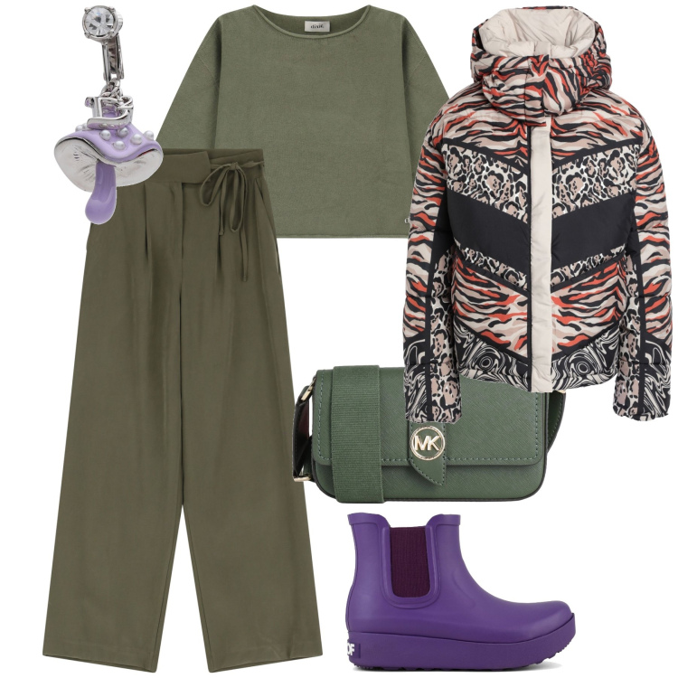 Outfit donna - Verde viola e piumino originale. Stile Trendy per Tutti i giorni. Abbinamento con piumini, orecchini, borse a tracolla, maglieria, pantaloni, stivali.