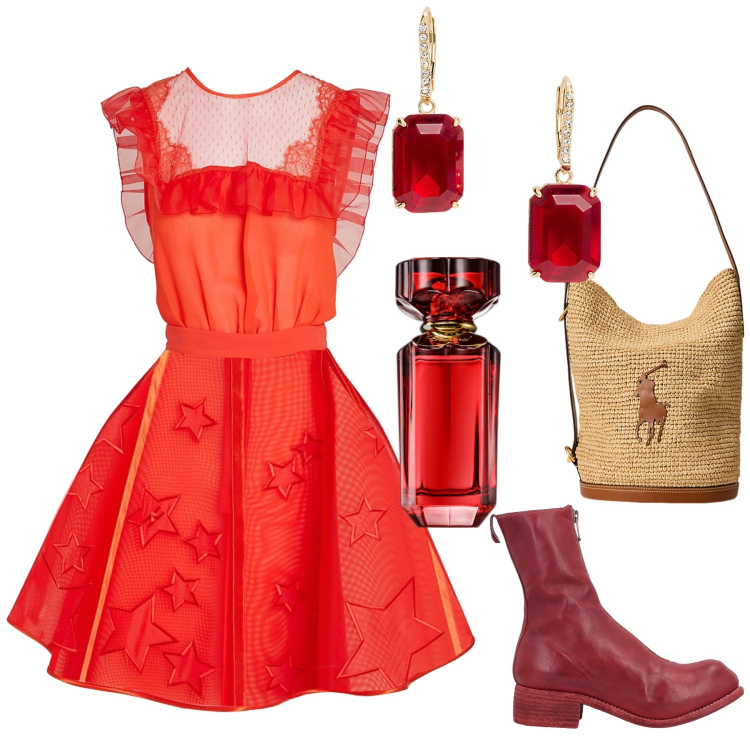 Outfit donna - Bambolina. Stile Bon Ton per Serata fuori. Abbinamento con vestiti senza maniche, stivaletti, profumi, orecchini, borse a mano.