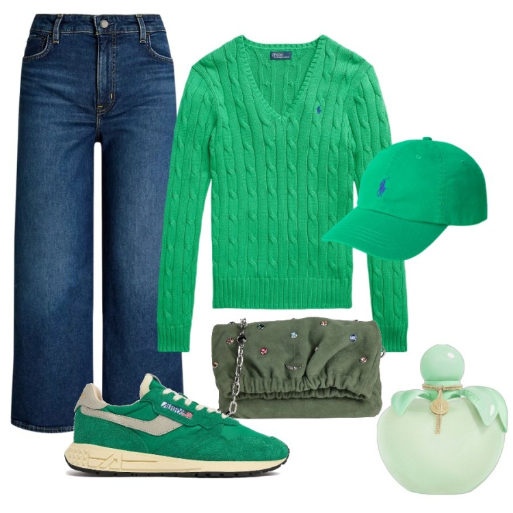 Outfit donna - Il mio colore preferito. Stile Urban per Tutti i giorni. Abbinamento con borse a tracolla, profumi, cappelli, maglieria, jeans, sneakers.
