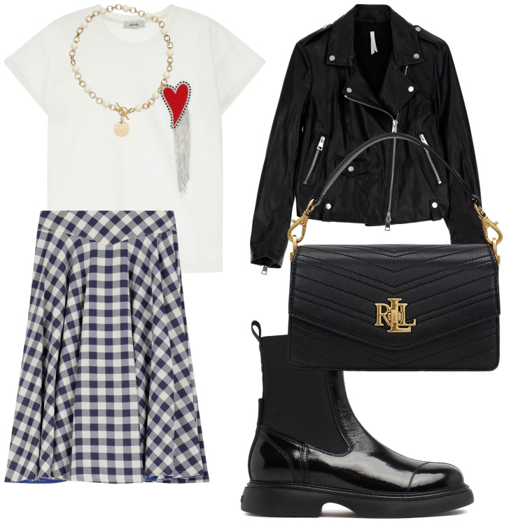 Outfit donna - Per noi over. per Tutti i giorni. Abbinamento con giacche, gonne, t-shirt, collane, borse a tracolla, stivaletti chelsea.