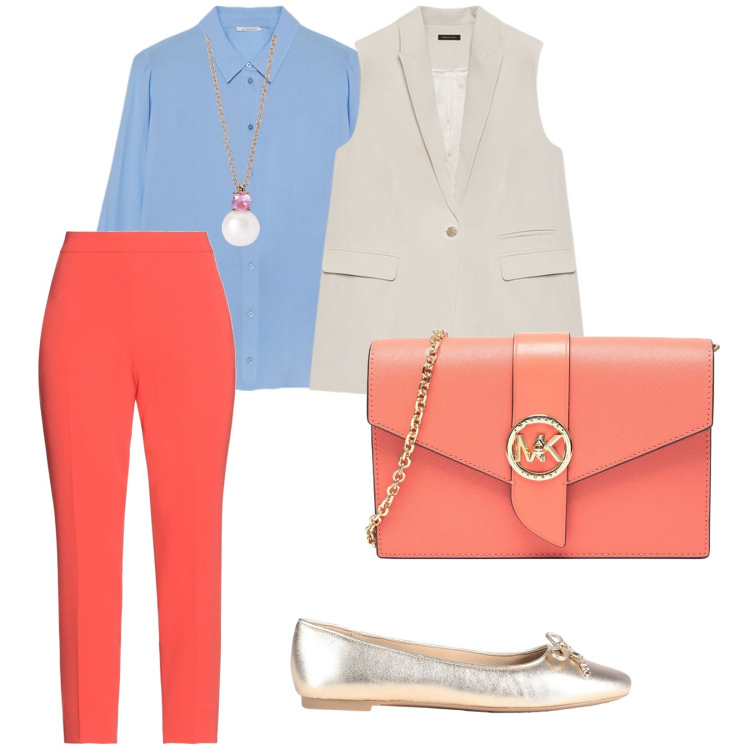 Outfit donna - A scuola c\'è una riunione. per Scuola/Università. Abbinamento con borse a tracolla, ballerine, pantaloni, collane, gilet, camicie.