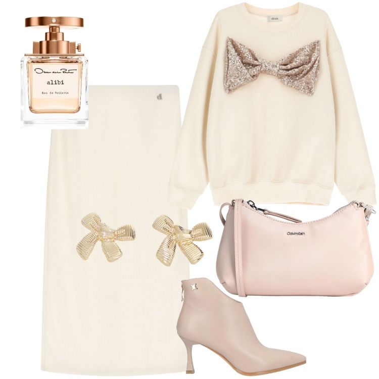 Outfit donna - Pomeriggio dai parenti. Stile Chic per Cerimonia. Abbinamento con stivaletti, borse a tracolla, profumi, gonne longuette, felpe, orecchini.