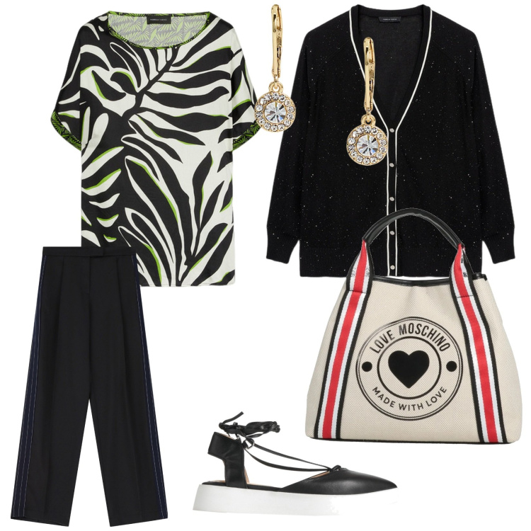 Outfit donna - Per un nuovo giorno. per Tutti i giorni. Abbinamento con borse a mano, décolleté, pantaloni, orecchini, cardigans, bluse.