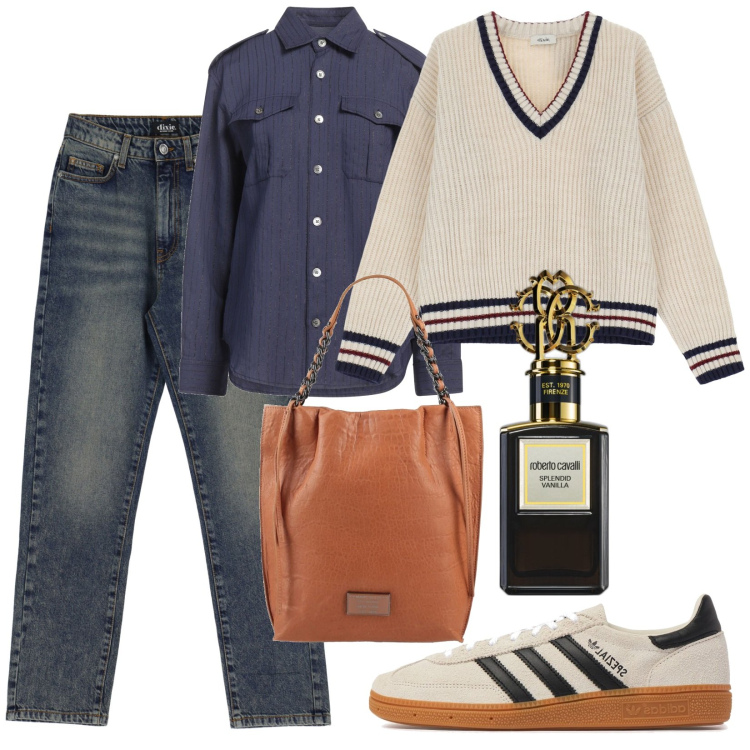 Outfit donna - Total look #2067883. per Tutti i giorni. Abbinamento con camicie, borse a mano, profumi, pullovers, jeans, sneakers.