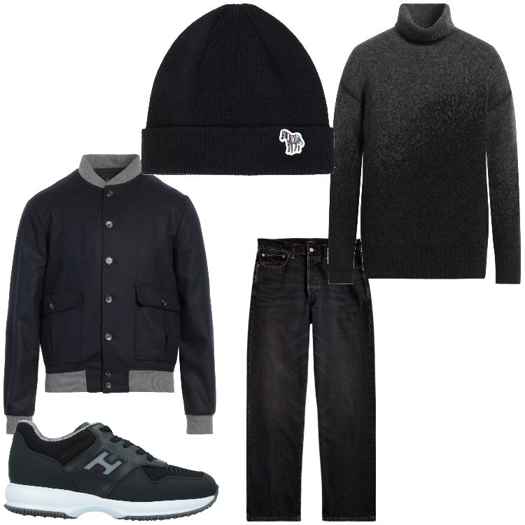 Outfit uomo - Total black. Stile Casual per Tutti i giorni. Abbinamento con sneakers, cappelli, maglieria, giacche, jeans dritti.