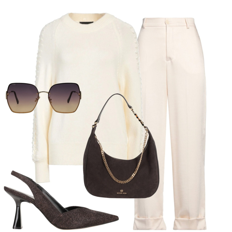 Outfit donna - City. Stile Minimal per Tutti i giorni. Abbinamento con pullovers, décolleté, borse a spalla, occhiali da sole, pantaloni.