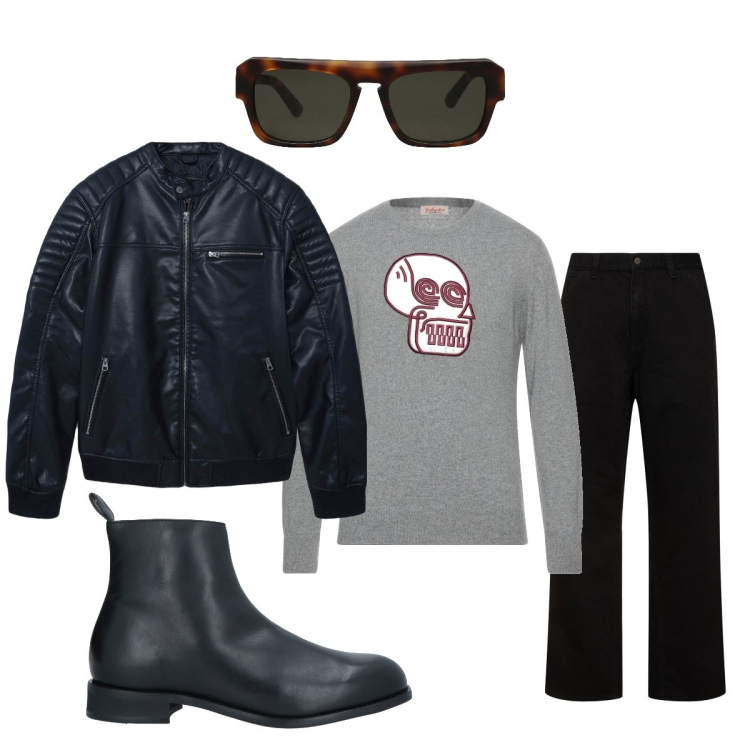 Outfit uomo - Biker rock. Stile Biker Rock per Tutti i giorni. Abbinamento con pullovers, occhiali da sole, stivali e stivaletti, giacche, jeans.