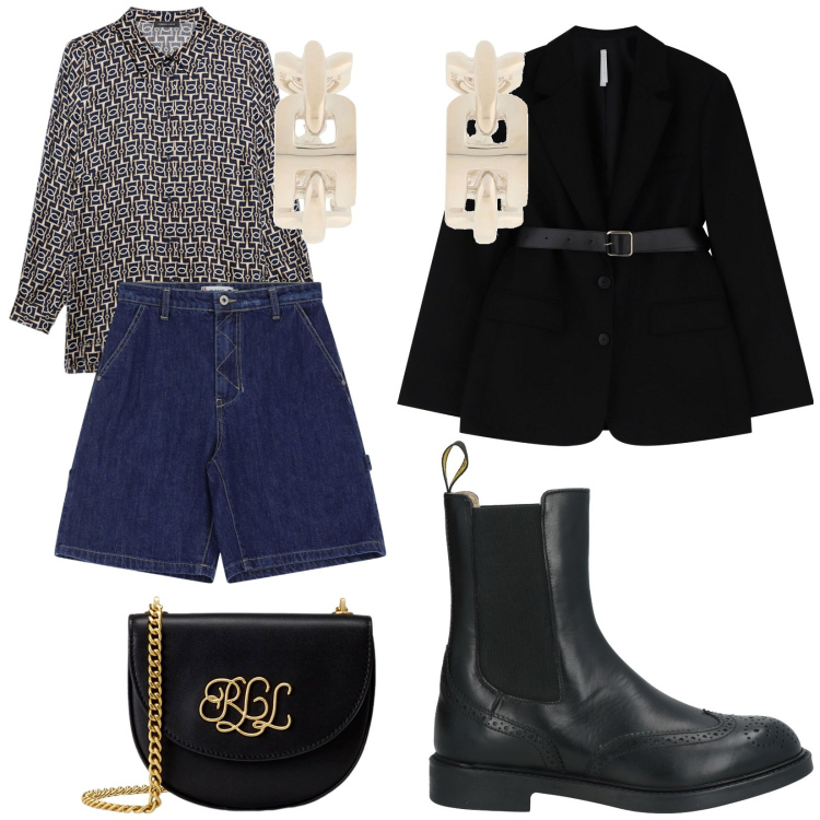 Outfit donna - A che ora si esce stasera?. per Serata fuori. Abbinamento con orecchini, stivaletti chelsea, bermuda, blazer, borse a tracolla, camicie.