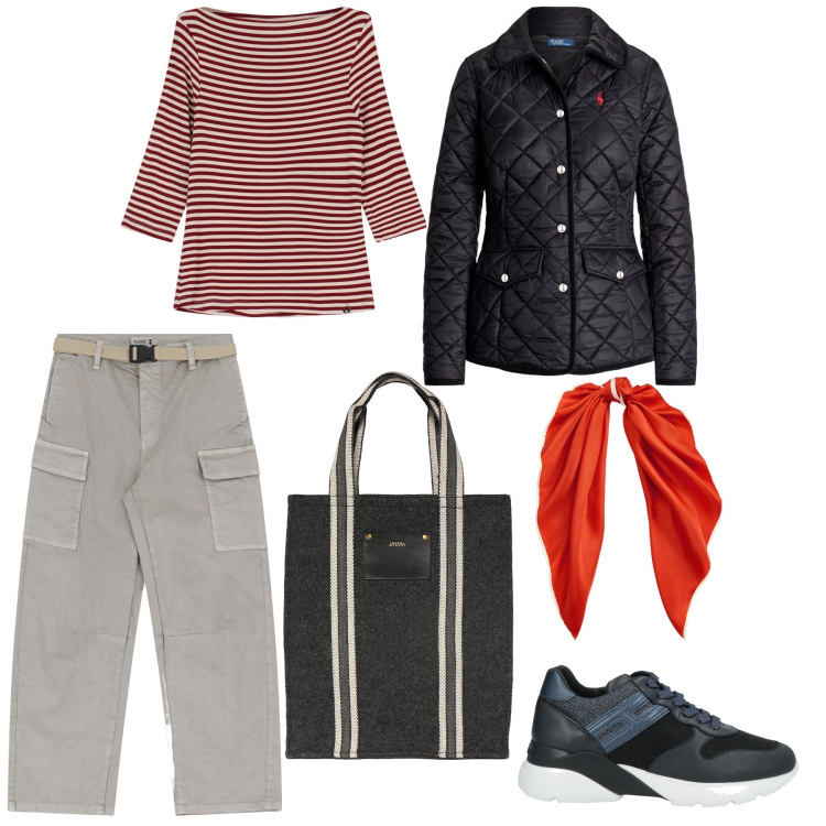 Outfit donna - Sportiva ma studiata. Stile Casual chic per Tutti i giorni. Abbinamento con sneakers, pantaloni chino, t-shirt, foulard, giacche, shopping bag.
