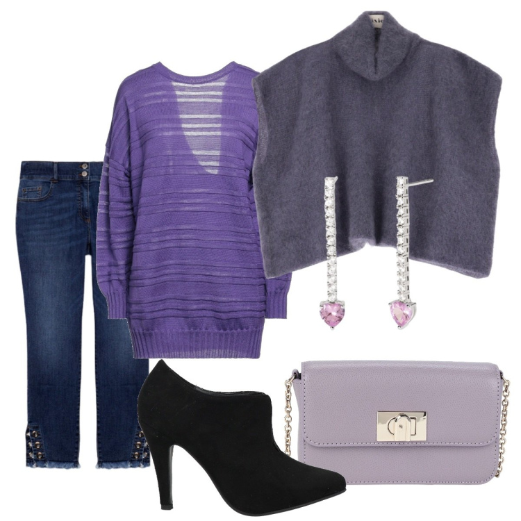 Outfit donna - Il mio colore preferito : viola. Stile Casual chic per Serata fuori. Abbinamento con pullovers, borse a tracolla, stivaletti, orecchini, cappotti, jeans skinny.